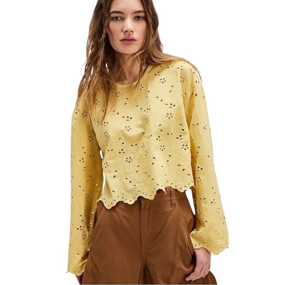 Free People | Emma Eyelet Top in “Jojoba” Yellow. Sz L EUC